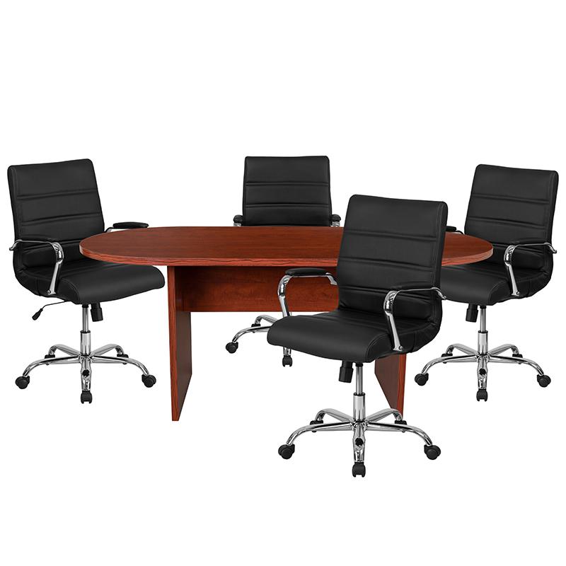 5 Piece Cherry Conference Table Set with 4 Black and Chrome Executive Chairs. Picture 1