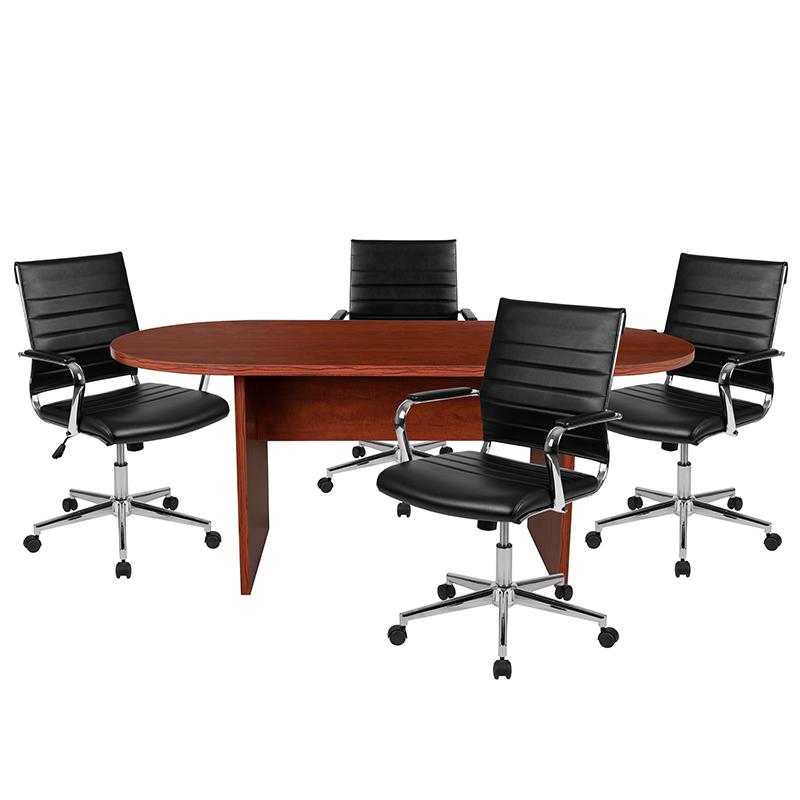 5 Piece Cherry Oval Conference Table Set with 4 Black Ribbed Executive Chairs. Picture 1
