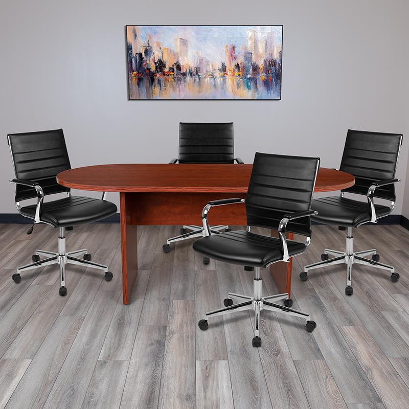 5 Piece Cherry Oval Conference Table Set with 4 Black Ribbed Executive Chairs. Picture 2