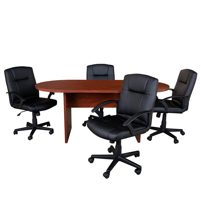 5 Piece Cherry Conference Table Set with 4 Black LeatherSoft-Padded Task Chairs. Picture 1