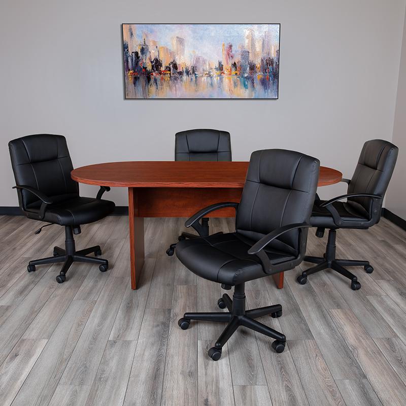 5 Piece Cherry Conference Table Set with 4 Black LeatherSoft-Padded Task Chairs. Picture 2