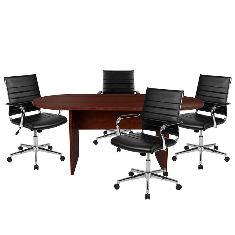 5 Piece Mahogany Oval Conference Table Set with 4 Black Ribbed Executive Chairs. Picture 1