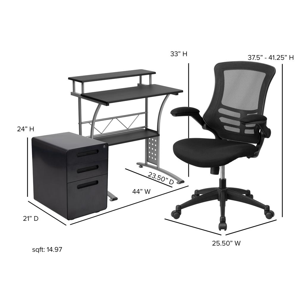 Black Computer Desk, Mesh Office Chair and Locking Mobile Filing Cabinet. Picture 2