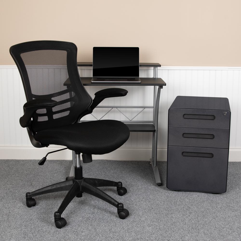 Black Computer Desk, Mesh Office Chair and Locking Mobile Filing Cabinet. Picture 9