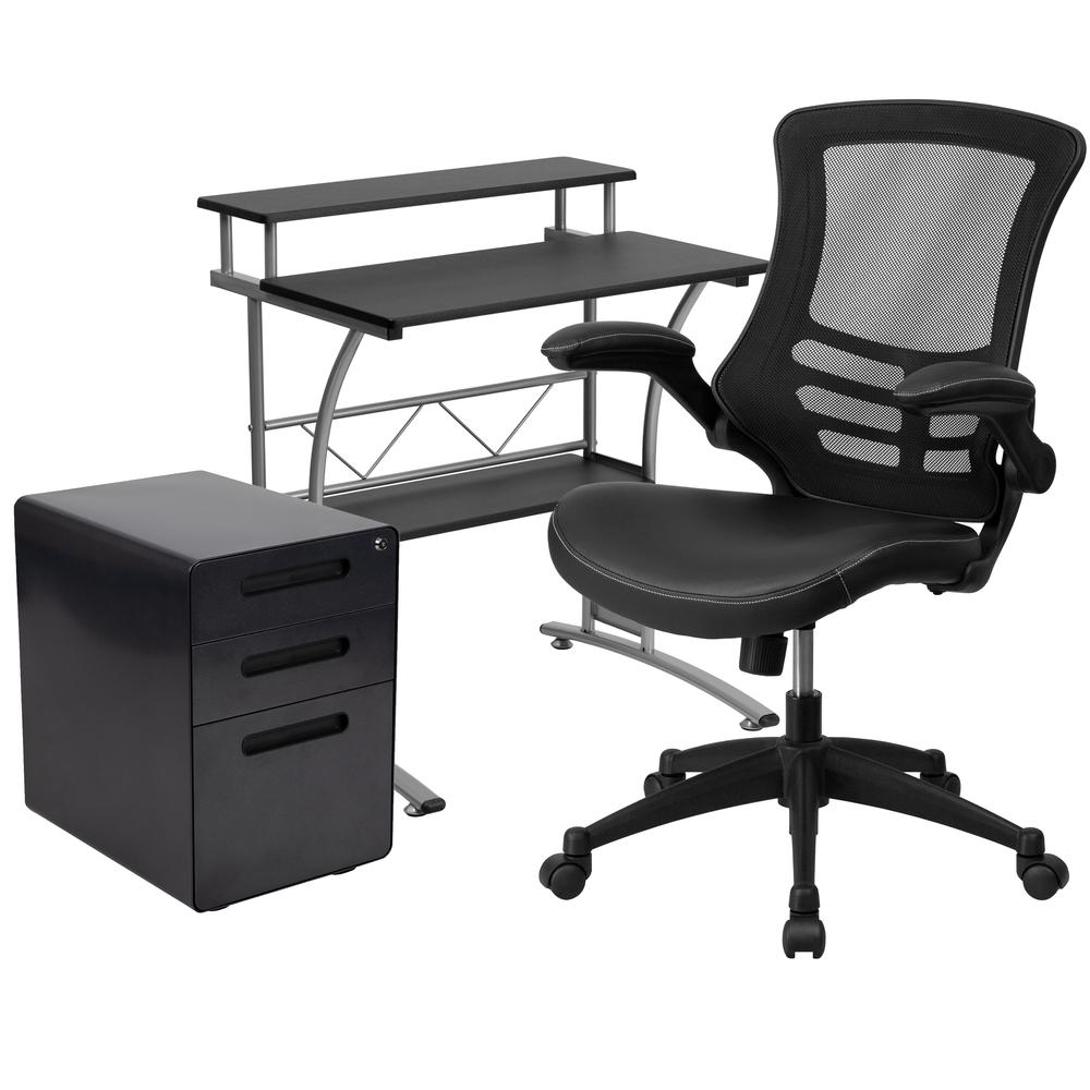 Work From Home Kit - Black Computer Desk, Ergonomic Mesh/LeatherSoft Office Chair and Locking Mobile Filing Cabinet. Picture 1