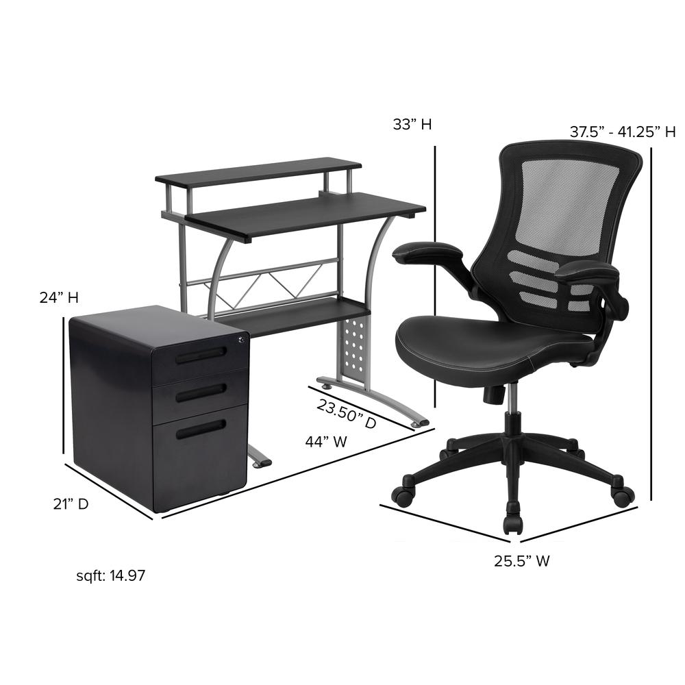Work From Home Kit - Black Computer Desk, Ergonomic Mesh/LeatherSoft Office Chair and Locking Mobile Filing Cabinet. Picture 2