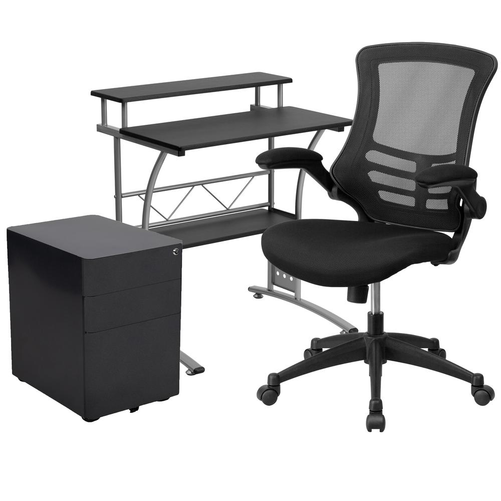 Black Computer Desk, Mesh Office Chair and Locking Mobile Filing Cabinet. Picture 1