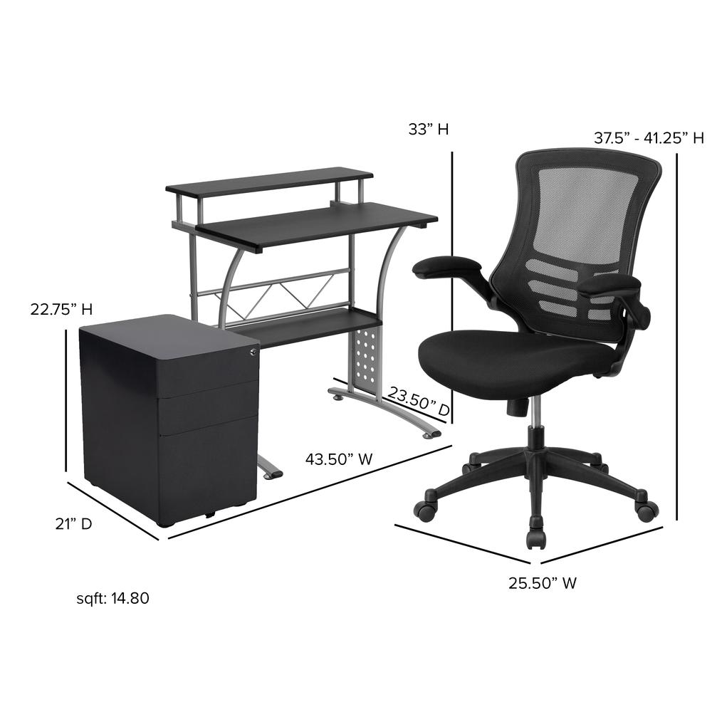 Work From Home Kit - Black Computer Desk, Ergonomic Mesh Office Chair and Locking Mobile Filing Cabinet with Side Handles. Picture 2