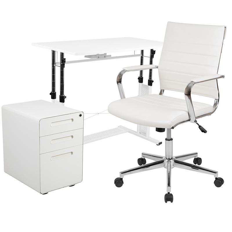Work From Home Kit - White Adjustable Computer Desk, LeatherSoft Office Chair and Inset Handle Locking Mobile Filing Cabinet. Picture 2