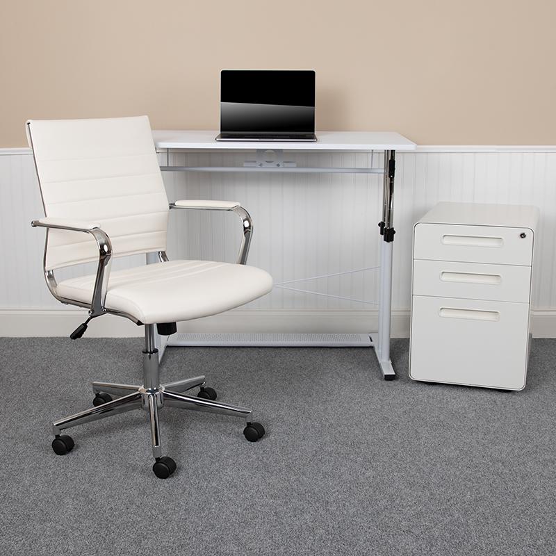 Work From Home Kit - White Adjustable Computer Desk, LeatherSoft Office Chair and Inset Handle Locking Mobile Filing Cabinet. Picture 1