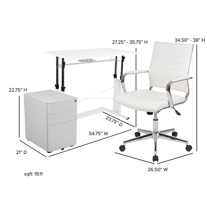 White Adjustable Computer Desk, Office Chair and Mobile Filing Cabinet. Picture 1