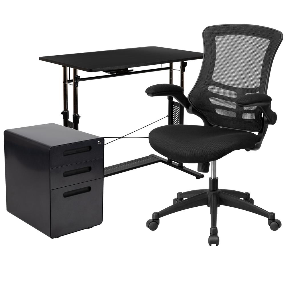 Work From Home Kit - Adjustable Computer Desk, Ergonomic Mesh Office Chair and Locking Mobile Filing Cabinet with Inset Handles. Picture 1
