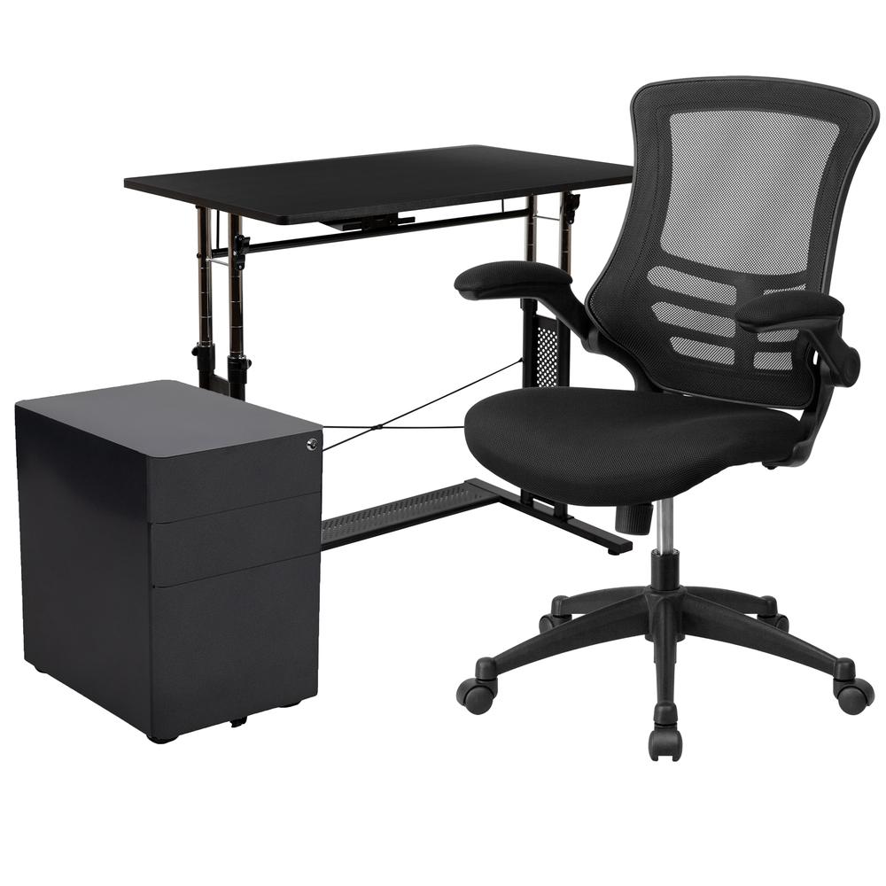 Adjustable Computer Desk, Mesh Office Chair and Locking Mobile Filing Cabinet. Picture 1