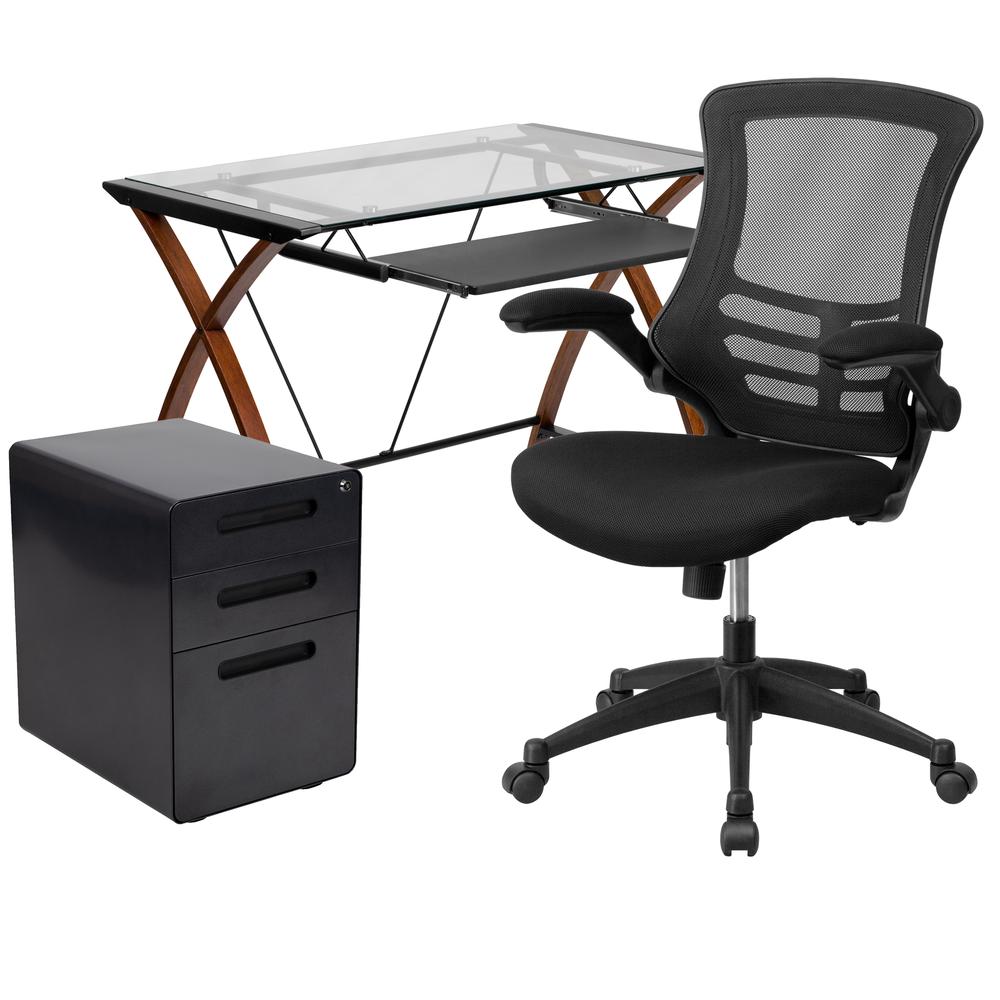 Glass Desk with Keyboard Tray, Mesh Office Chair and Filing Cabinet. Picture 1
