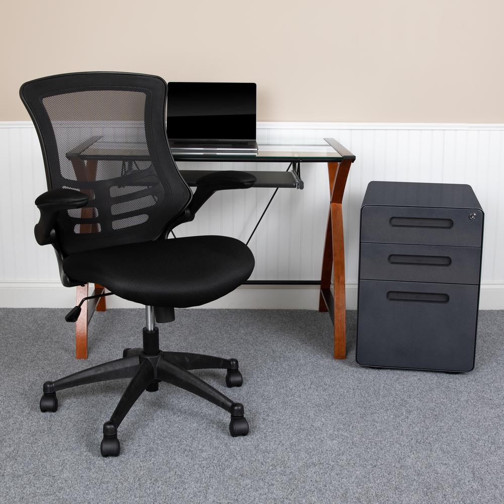Work From Home Kit - Glass Desk with Keyboard Tray, Ergonomic Mesh Office Chair and Filing Cabinet with Lock & Inset Handles. Picture 9