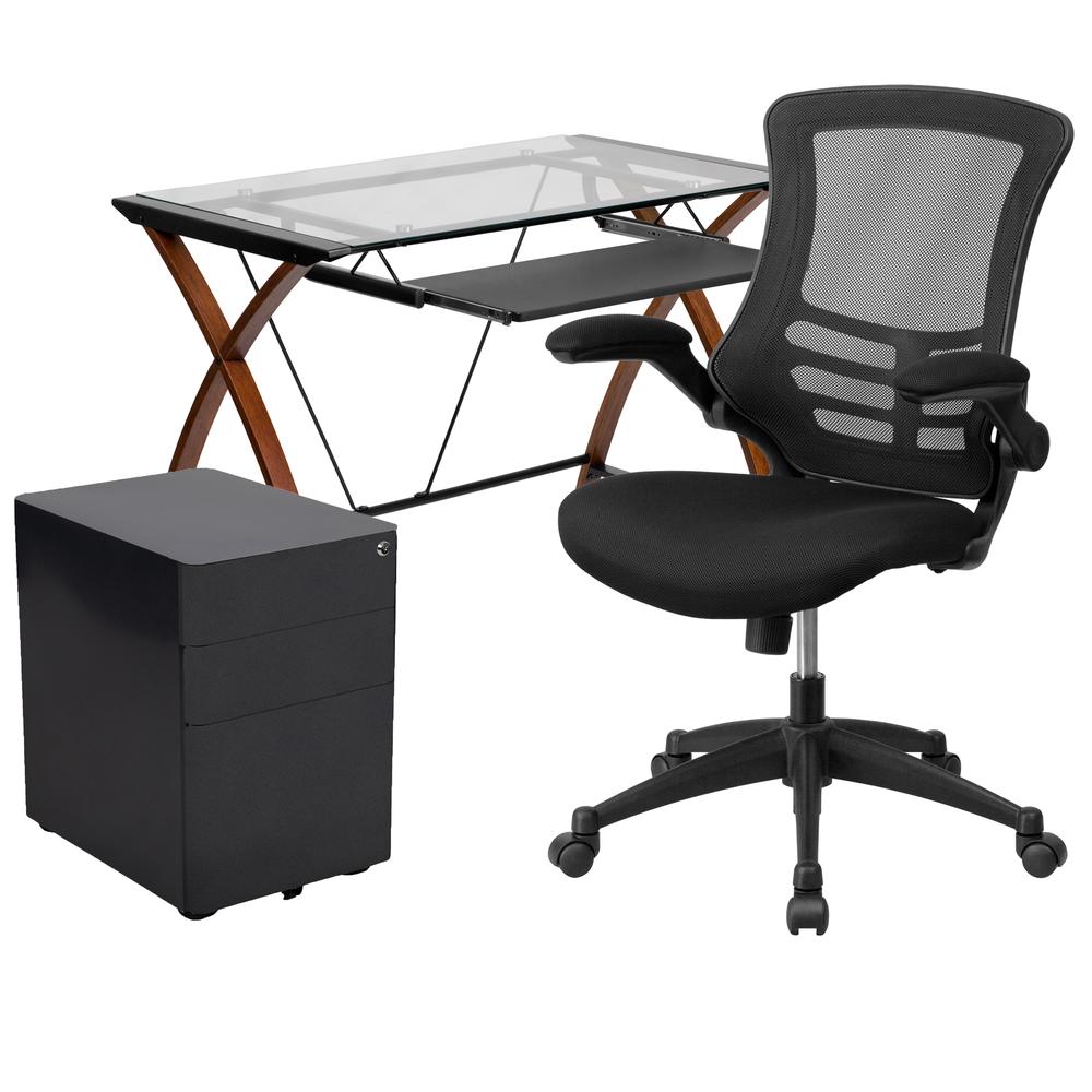 Work From Home Kit - Glass Desk with Keyboard Tray, Ergonomic Mesh Office Chair and Filing Cabinet with Lock & Side Handles. Picture 1