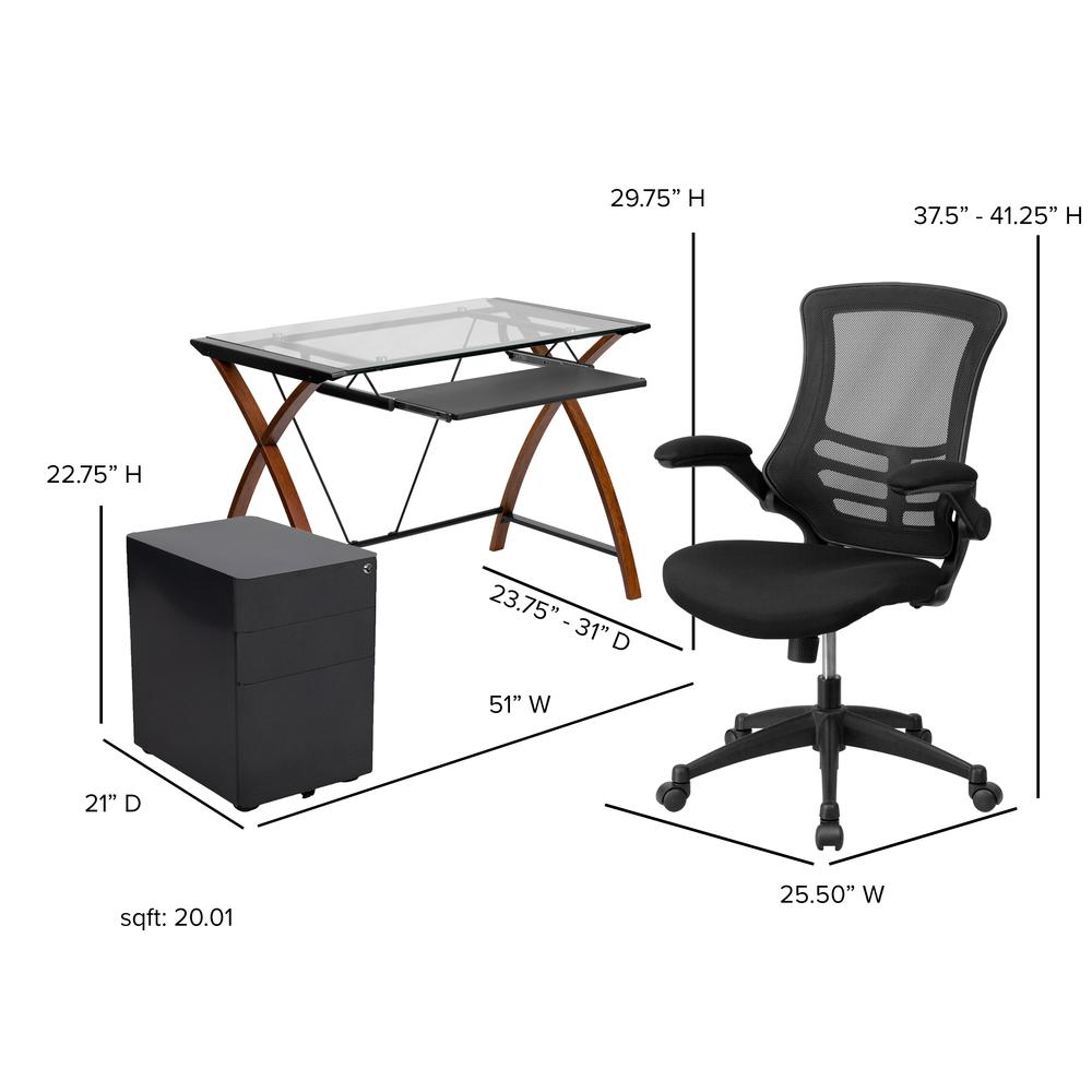 Work From Home Kit - Glass Desk with Keyboard Tray, Ergonomic Mesh Office Chair and Filing Cabinet with Lock & Side Handles. Picture 2