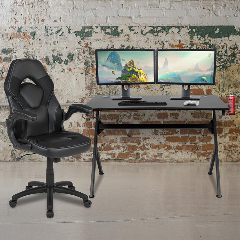 Black Gaming Desk and Black Racing Chair Set. Picture 1