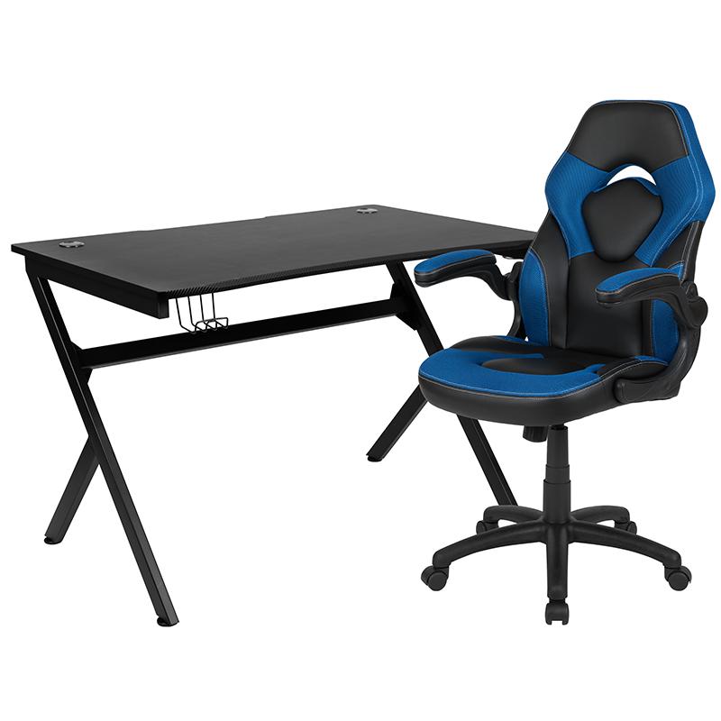 Black Gaming Desk and Blue and Black Racing Chair Set. Picture 2