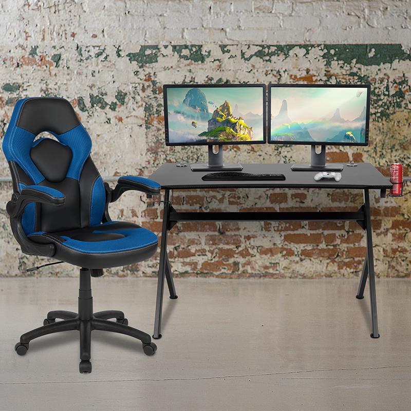 Black Gaming Desk and Blue and Black Racing Chair Set. Picture 1