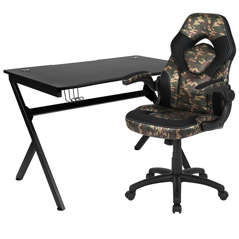 Black Gaming Desk and Camouflage/Black Racing Chair Set with Cup Holder, Headphone Hook & 2 Wire Management Holes. Picture 2