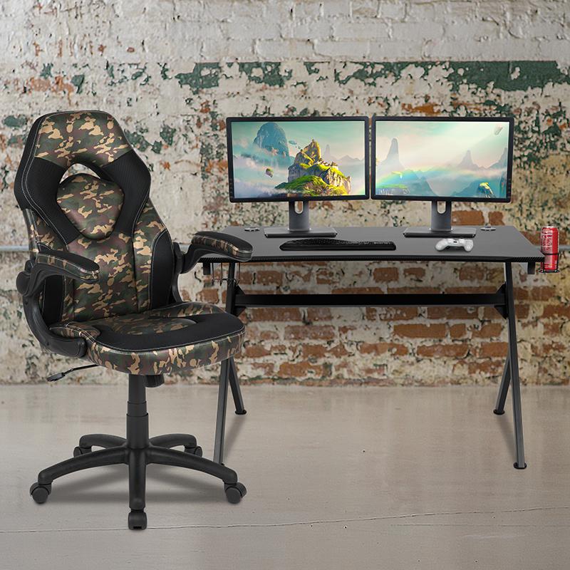 Black Gaming Desk and Camouflage/Black Racing Chair Set with Cup Holder, Headphone Hook & 2 Wire Management Holes. The main picture.