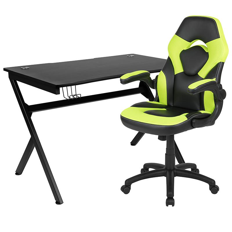 Black Gaming Desk and Green/Black Racing Chair Set with Cup Holder, Headphone Hook & 2 Wire Management Holes. Picture 2