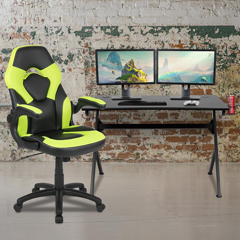 Black Gaming Desk and Green/Black Racing Chair Set with Cup Holder, Headphone Hook & 2 Wire Management Holes. Picture 1