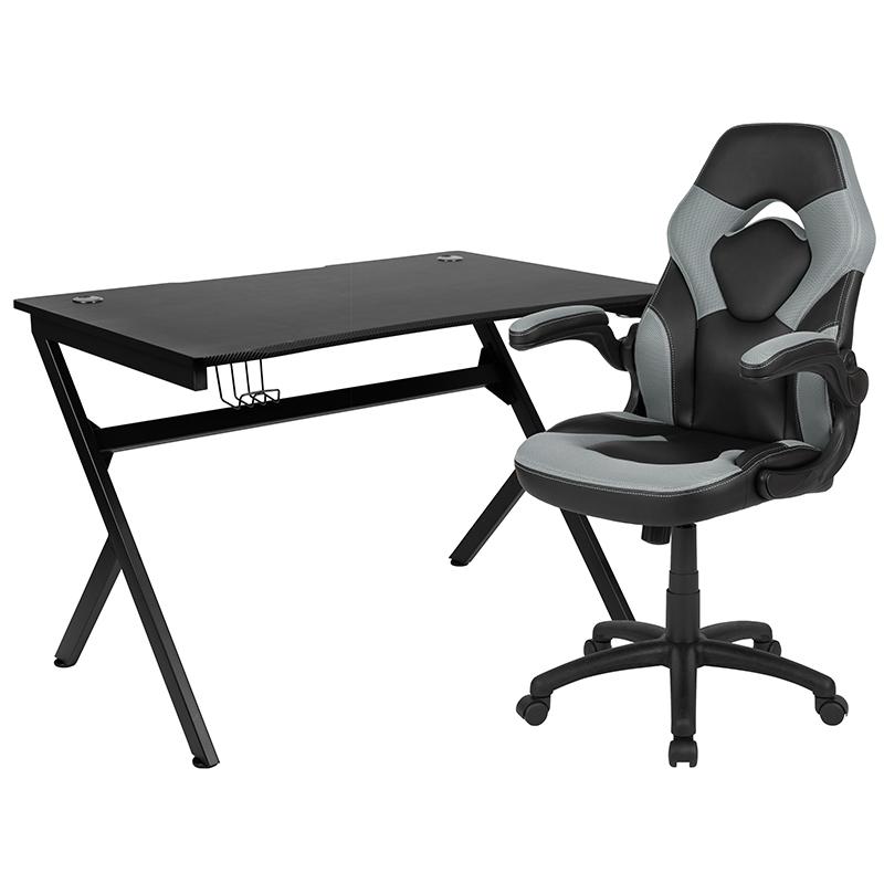 Black Gaming Desk and Gray/Black Racing Chair Set with Cup Holder, Headphone Hook & 2 Wire Management Holes. Picture 2