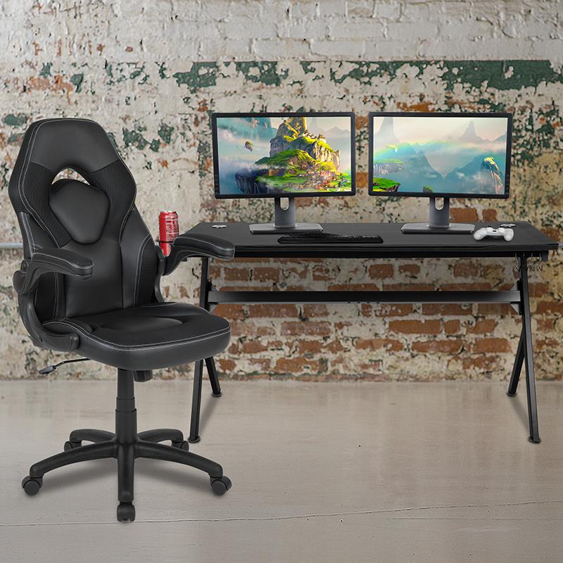 Gaming Desk and Black Racing Chair Set. Picture 1