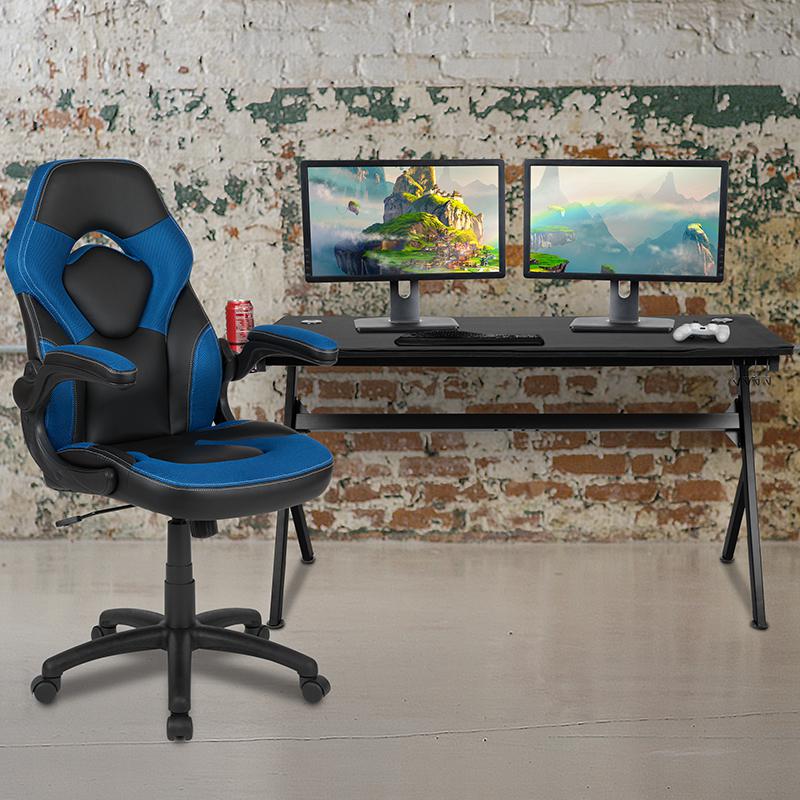 Gaming Desk and Blue/Black Racing Chair Set. Picture 1