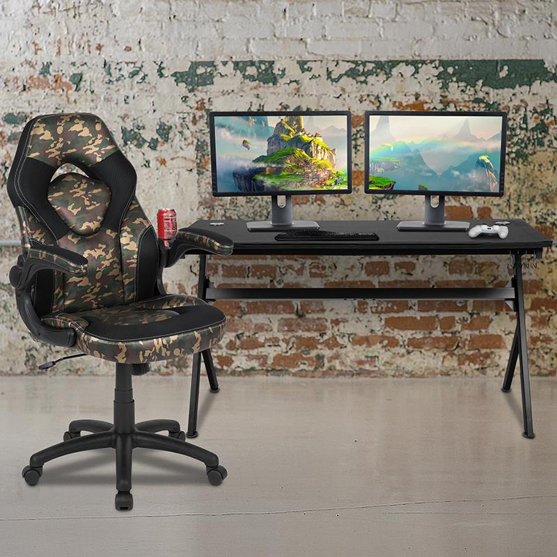 Gaming Desk and Camouflage/Black Racing Chair Set. Picture 1