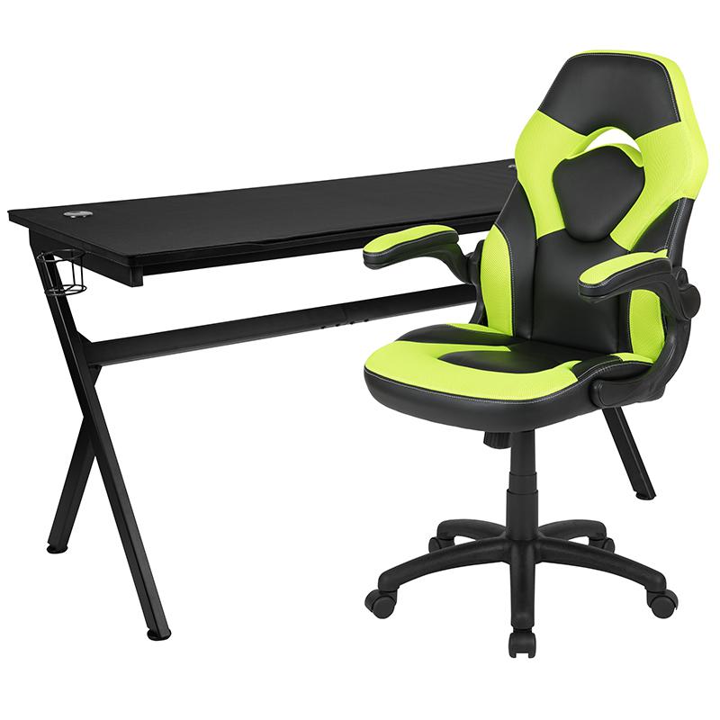 Gaming Desk and Green/Black Racing Chair Set /Cup Holder/Headphone Hook/Removable Mouse Pad Top - 2 Wire Management Holes. Picture 2