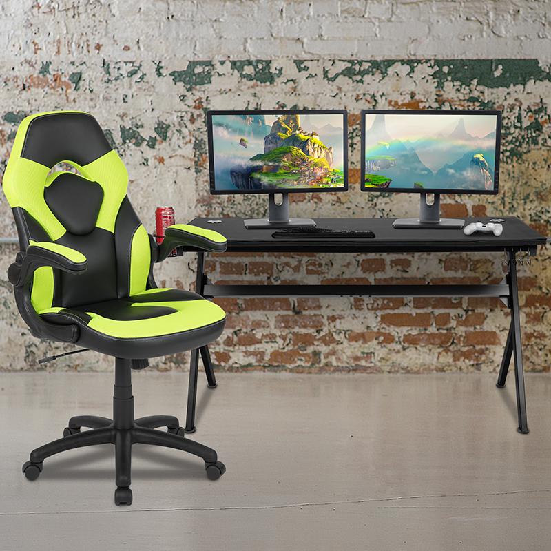Gaming Desk and Green/Black Racing Chair Set /Cup Holder/Headphone Hook/Removable Mouse Pad Top - 2 Wire Management Holes. The main picture.