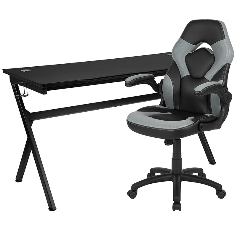 Gaming Desk and Gray/Black Racing Chair Set /Cup Holder/Headphone Hook/Removable Mouse Pad Top - 2 Wire Management Holes. Picture 2