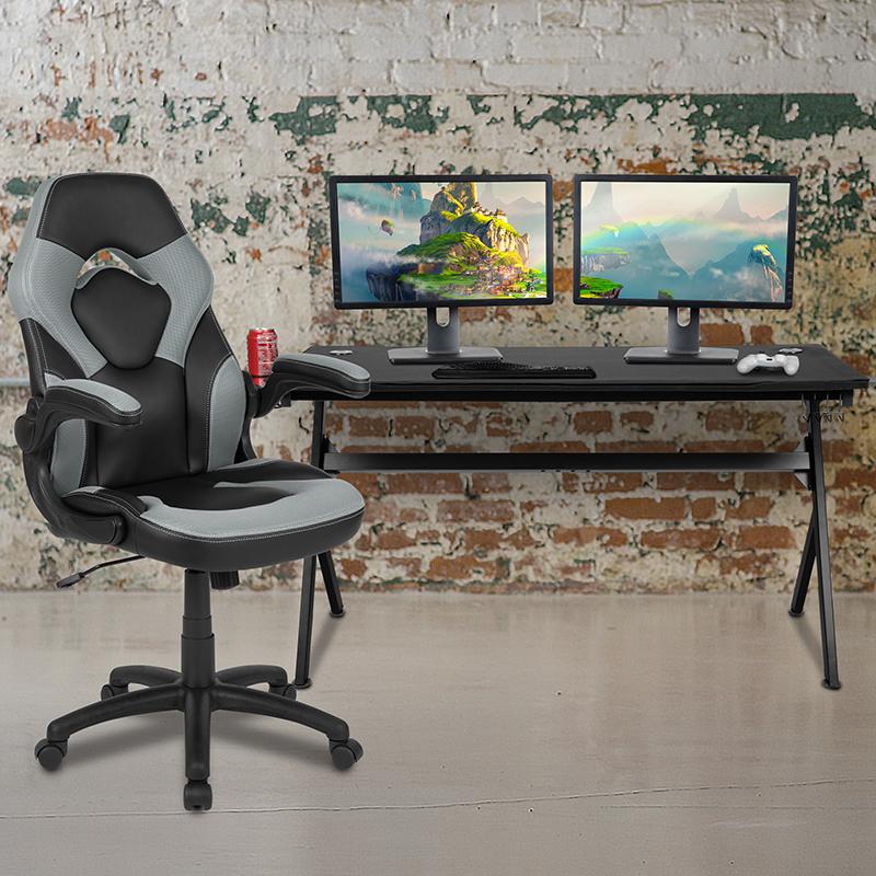 Gaming Desk and Gray/Black Racing Chair Set /Cup Holder/Headphone Hook/Removable Mouse Pad Top - 2 Wire Management Holes. Picture 1