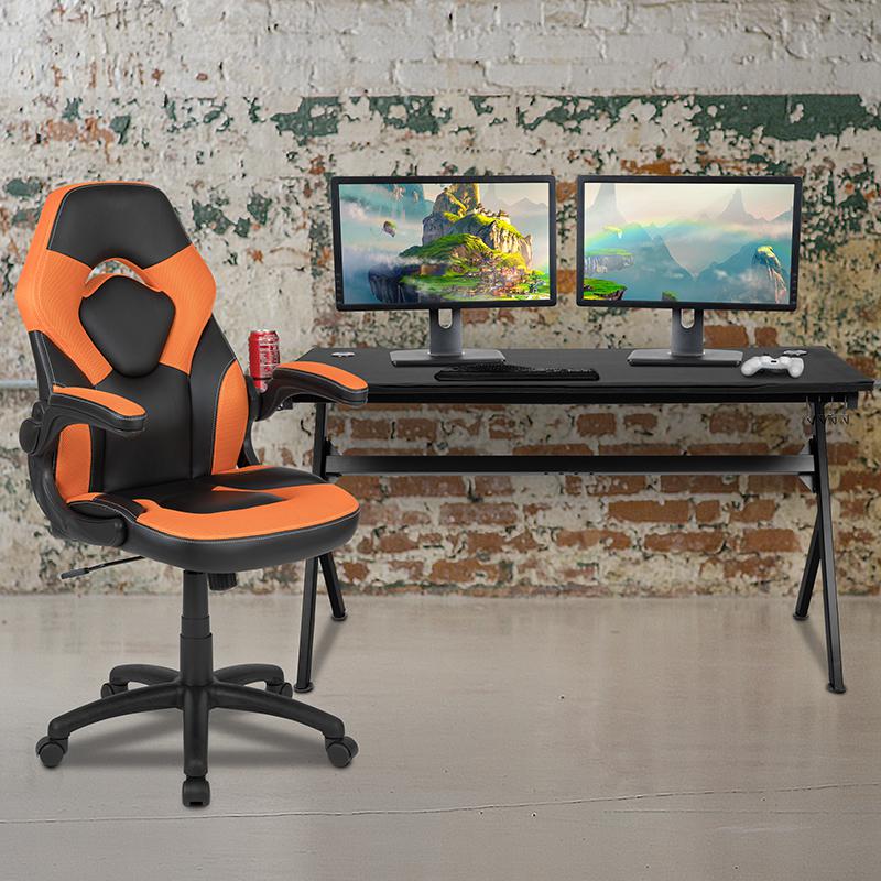 Gaming Desk and Orange/Black Racing Chair Set. Picture 1