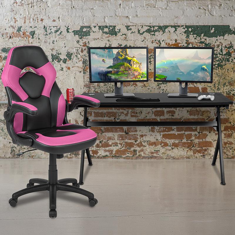 Gaming Desk and Pink/Black Racing Chair Set. Picture 1