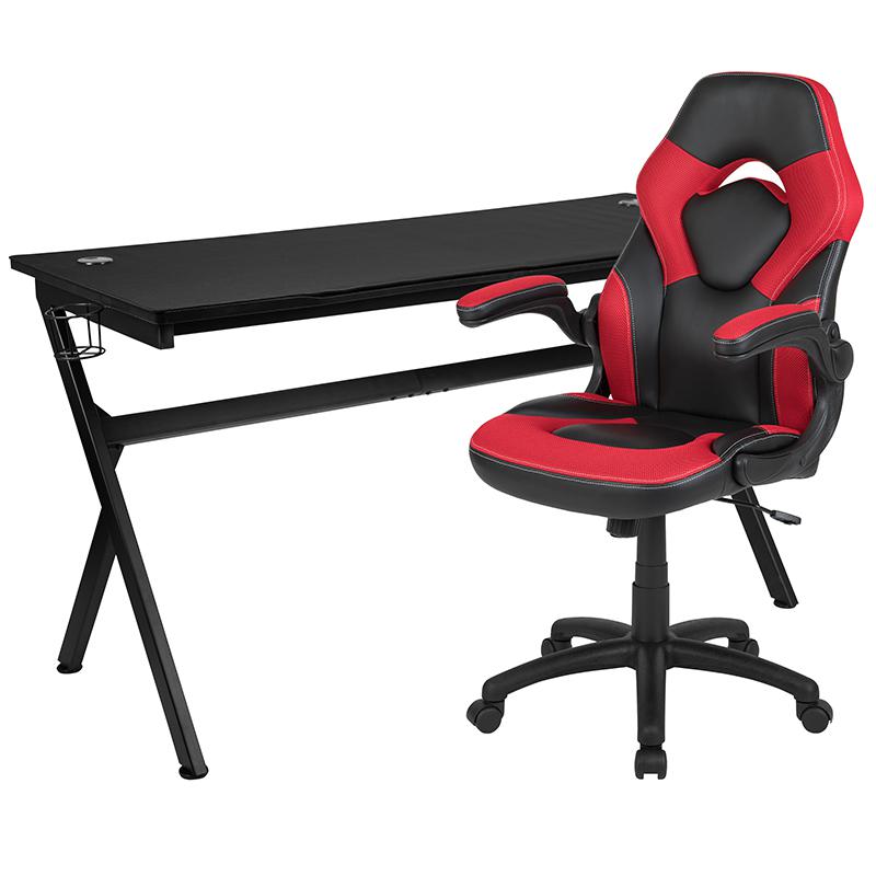 Gaming Desk and Red/Black Racing Chair Set /Cup Holder/Headphone Hook/Removable Mouse Pad Top - 2 Wire Management Holes. Picture 2