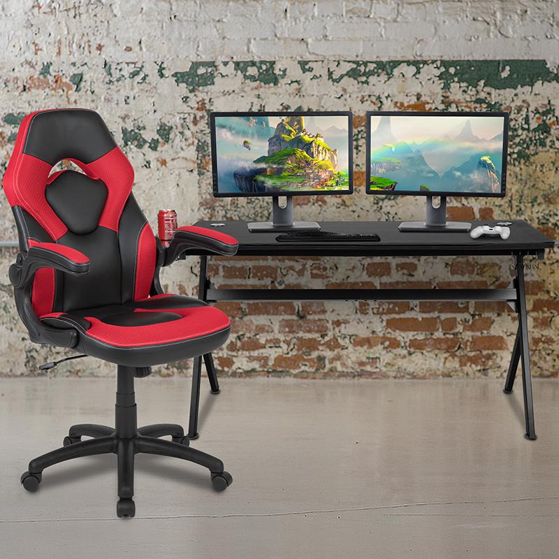 Gaming Desk and Red/Black Racing Chair Set /Cup Holder/Headphone Hook/Removable Mouse Pad Top - 2 Wire Management Holes. The main picture.