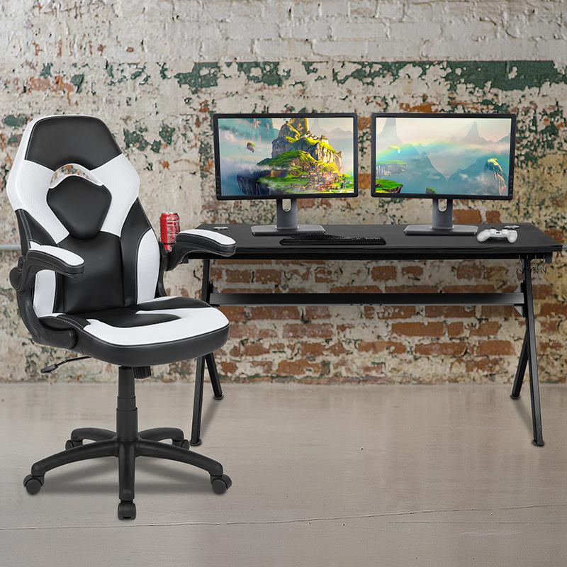 Gaming Desk and White/Black Racing Chair Set. Picture 1