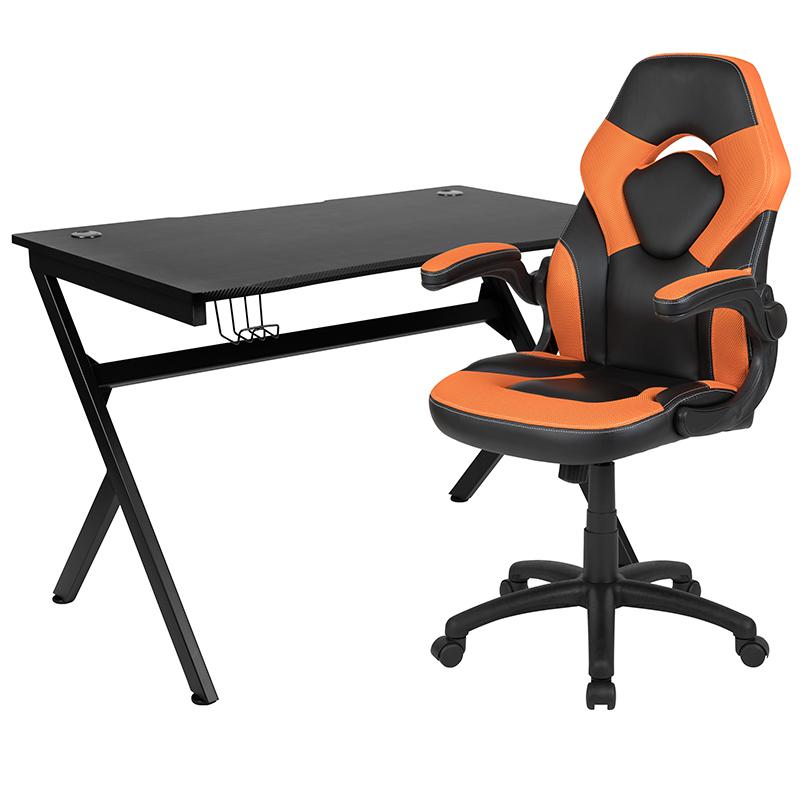 Black Gaming Desk and Orange/Black Racing Chair Set with Cup Holder, Headphone Hook & 2 Wire Management Holes. Picture 2