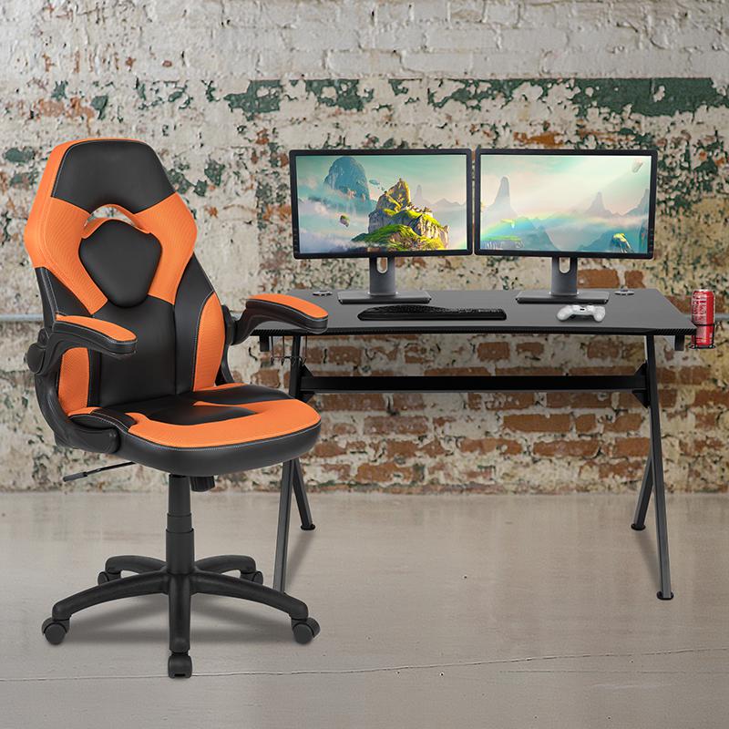Black Gaming Desk and Orange/Black Racing Chair Set with Cup Holder, Headphone Hook & 2 Wire Management Holes. The main picture.