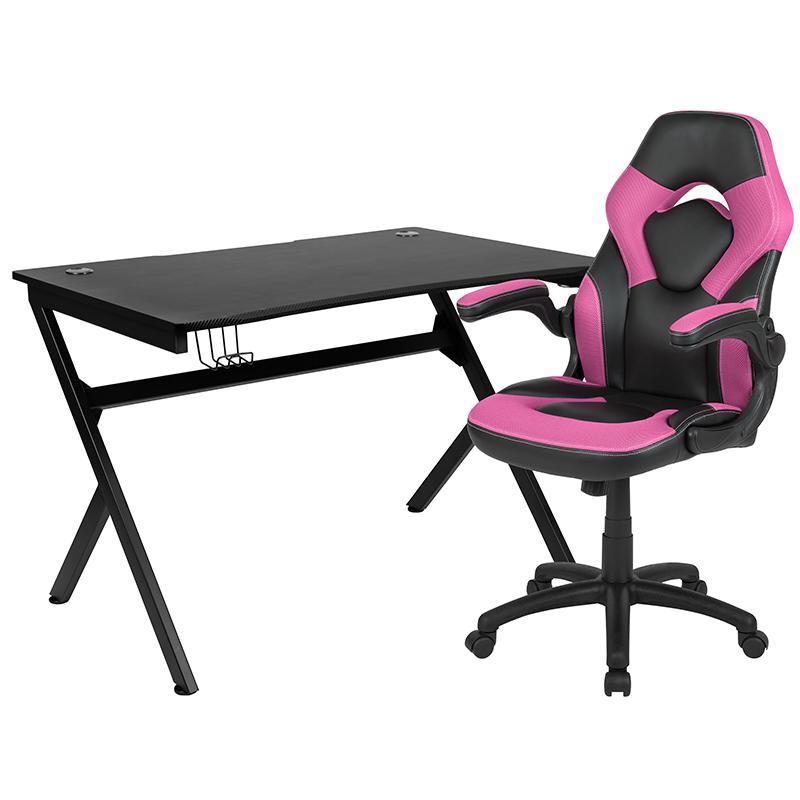 Black Gaming Desk and Pink/Black Racing Chair Set. Picture 2