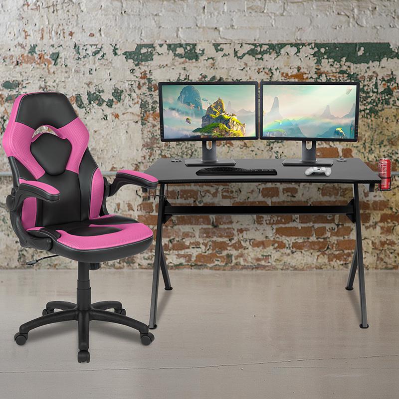 Black Gaming Desk and Pink/Black Racing Chair Set. Picture 1
