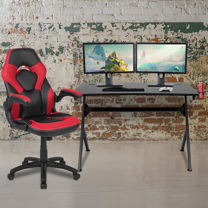 Black Gaming Desk and Red/Black Racing Chair Set. Picture 1