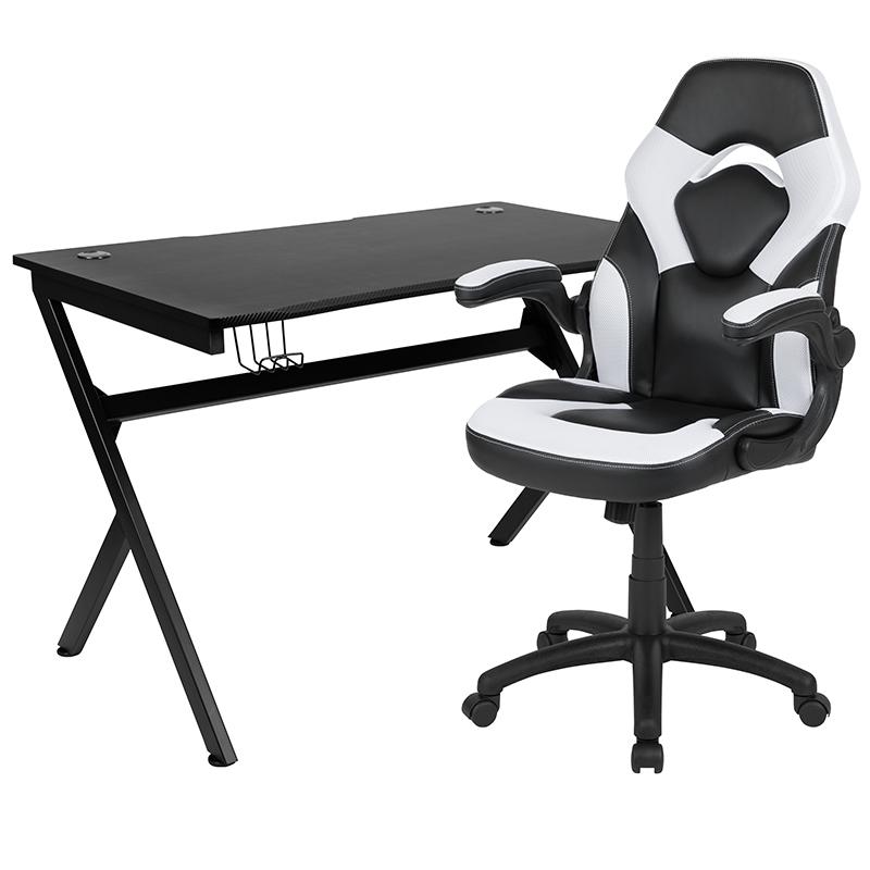 Black Gaming Desk and White/Black Racing Chair Set with Cup Holder, Headphone Hook & 2 Wire Management Holes. Picture 2