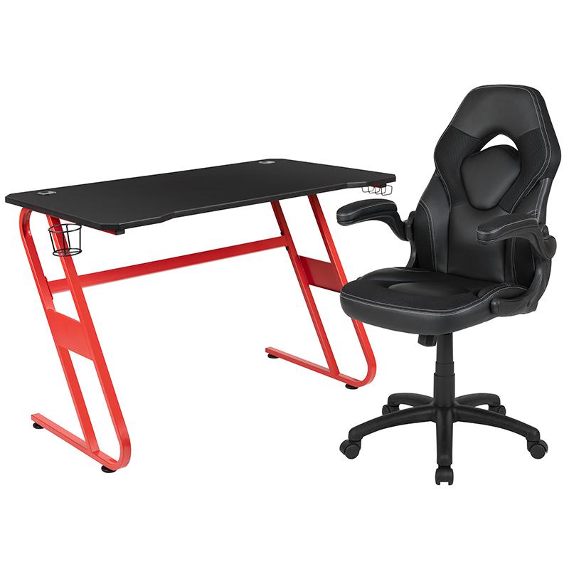 Red Gaming Desk and Black Racing Chair Set with Cup Holder and Headphone Hook. Picture 1