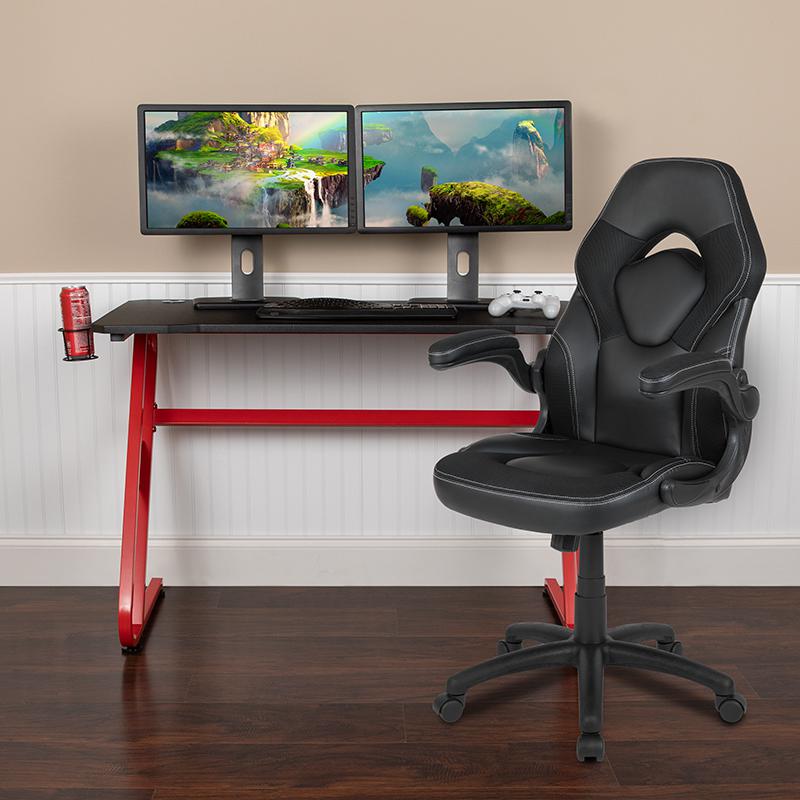Red Gaming Desk and Black Racing Chair Set with Cup Holder and Headphone Hook. Picture 2