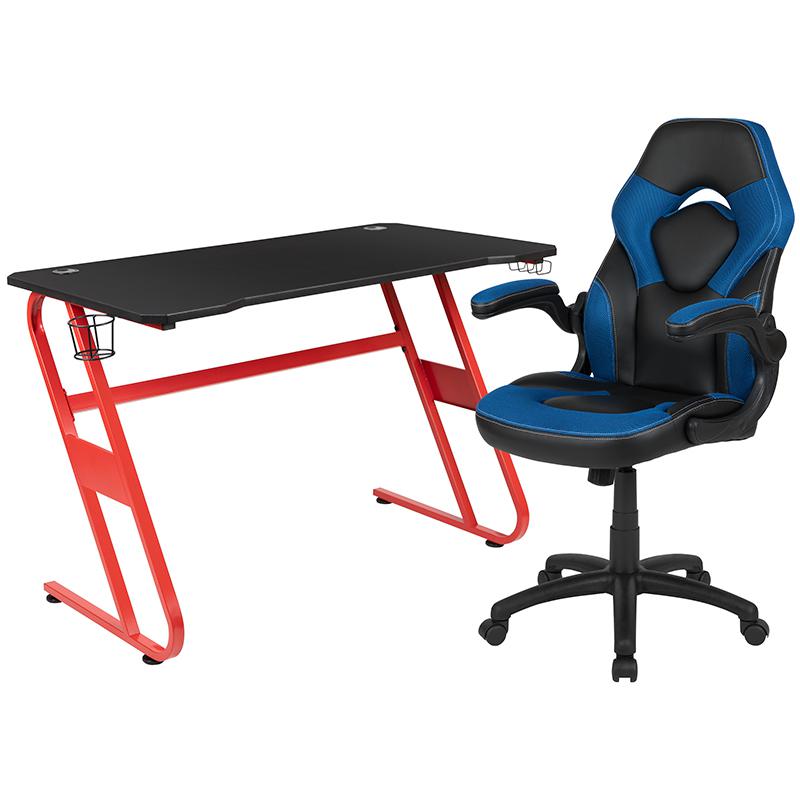 Red Gaming Desk and Blue/Black Racing Chair Set. Picture 1